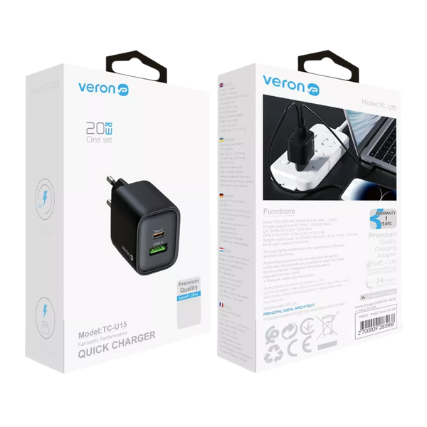Зарядний пристрій Veron TC-U15 1USB+1Type-C (20 Вт) 100574 фото