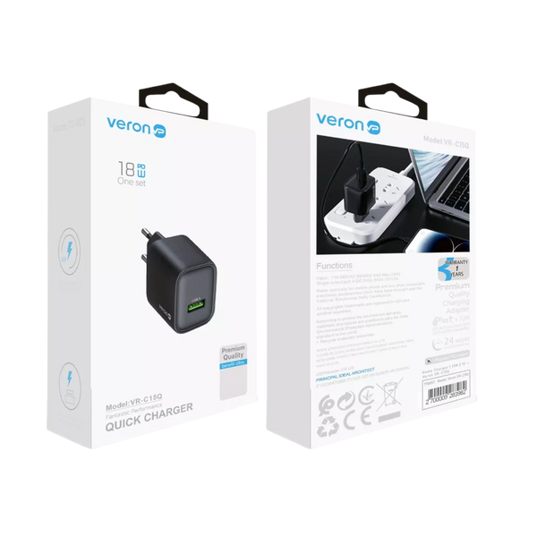 Зарядное устройство с кабелем Type-C Veron VR-C15Q 2.4A 1USB (18 Вт) 100673 фото