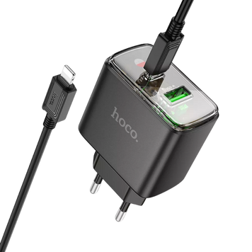 Зарядний пристрій з кабелем Lightning Hoco CS42A 1USB+1Type-C Black 100634 фото