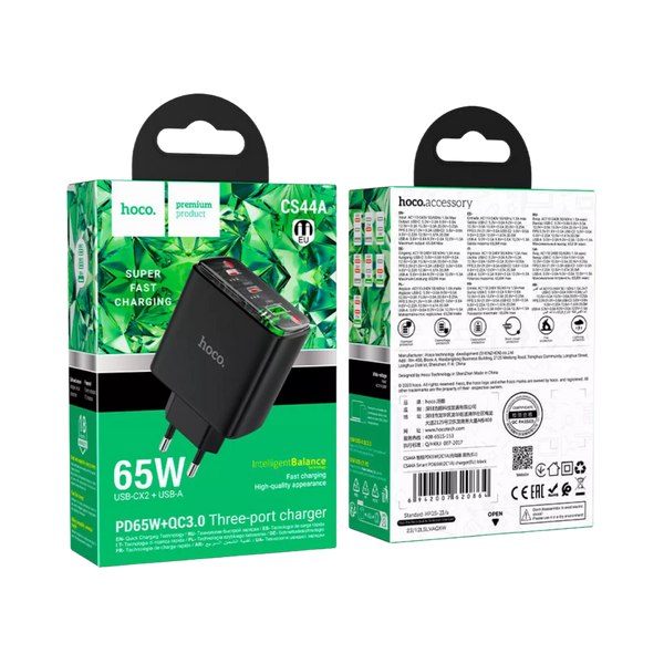 Зарядний пристрій Hoco CS44A 2Type-C+1USB QC3.0 (65 Вт) Black  100590 фото
