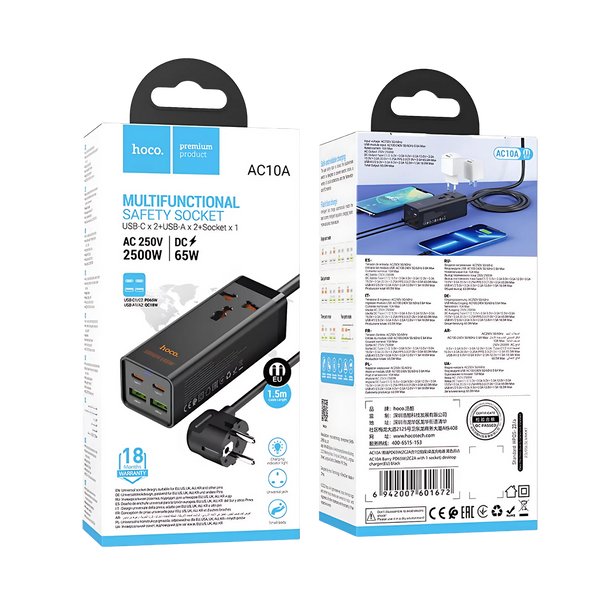Удлинитель сетевой фильтр питания Hoco AC10A 2USB+2Type-C+1розетка Black 100686 фото