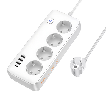 Удлинитель сетевой фильтр питания Hoco AC21 3USB+1Type-C+4розетки White 100695 фото
