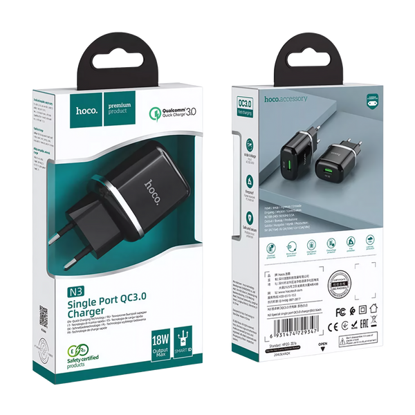 Зарядний пристрій Hoco N3 QC3.0 1USB (18 Вт) Black 100565 фото